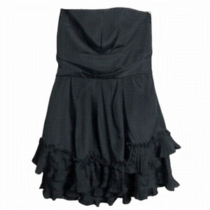 Lulumari Vintage Black Satiny Strapless Mini Length Fit Flare Ruffle Dress Med